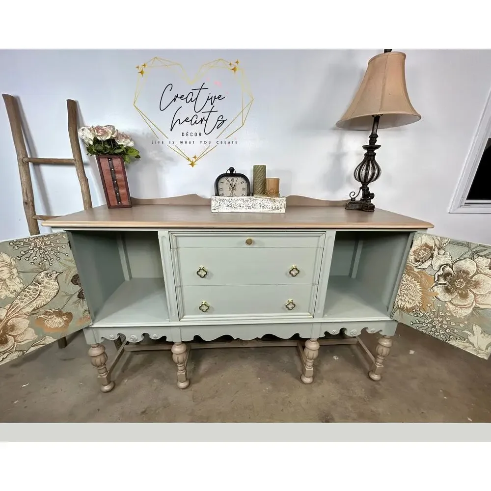 Vintage Jacobean Buffet, Antique Sideboard Cabinet, Coastal Cottage Farmhouse Cr